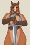 anthro armor armwear bedroom_eyes blue_eyes bottomless bottomless_female breasts brown_body brown_fur brown_hair clothed clothing confident convenient_censorship elbow_gloves female fingerless_elbow_gloves fingerless_gloves fingers front_view fur gloves hair handwear holding_object holding_sword holding_weapon inner_boob looking_at_viewer melee_weapon mostly_nude multicolored_body multicolored_fur muscular muscular_anthro muscular_female narrowed_eyes seductive simple_background skimpy smug solo standing sword tan_body tan_fur two_tone_body two_tone_fur unconvincing_armor weapon white_background wraps otteranon equid equine horse mammal hi_res portrait three-quarter_portrait