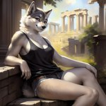 absurd_res anthro bottomwear canid canine canineluvr19 canis clothing cutoffs denim denim_clothing female hand_on_knee hand_on_leg hi_res mammal nipple_outline ruins seductive shirt shorts sitting smile solo tank_top topwear wolf