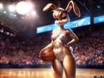 anthro basketball blonde_hair bodily_fluids female fur genitals green_eyes hair hand_on_hip hi_res lagomorph leporid lola_bunny mammal mercrantos nipples nude pussy rabbit solo space_jam standing sweat yellow_body yellow_fur