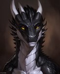 anthro asymmetric_horns attempted_signature black_body black_scales dragon gold_eyes horn looking_at_viewer male scales sharp_teeth solo teeth