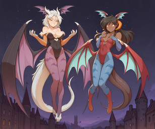 anthro breast_size_difference breasts cleavage clothed clothing cosplay costume crossover duo female flying hair head_wings holidays horn legwear looking_at_viewer membrane_(anatomy) membranous_wings mythology night orange_eyes smile tights white_hair wings yellow_eyes anontk capcom darkstalkers twokinds lady_nora_(twokinds) lilith_aensland madam_reni_(twokinds) morrigan_aensland animal_humanoid dragon dragon_humanoid humanoid mammal mythological_creature mythological_scalie scalie hi_res