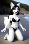 anthro blue_eyes breasts clothing dark_hair female fur hair smile solo swimsuit_bikini white_body white_fur foxytaill arctic_fox canid canine canis fox mammal hi_res