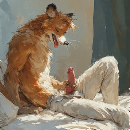 animal_genitalia animal_penis anthro bed bedroom bedroom_eyes black_nose bottomwear brown_body brown_fur claws clothed clothing ears_up erection fingers fur furniture genitals hair handjob humanoid_genitalia humanoid_penis knot light looking_pleasured male narrowed_eyes on_bed open_bottomwear open_clothing open_mouth open_pants pants partially_clothed penile penis presenting seductive sex sitting smile solo spread_legs spreading sunlight tongue tongue_out topless tuft whiskers white_body white_fur extravirginweaseloil domestic_ferret mammal mustela mustelid musteline true_musteline hi_res painting_(artwork) traditional_media_(artwork)