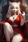 anthro belt blue_eyes boots chair clothing collar female footwear fur furniture gloves hair handwear inside jewelry necklace panties pendant red_clothing robe sitting smile solo throne underwear white_body white_fur white_hair mecha_froggy canid canine canis mammal wolf absurd_res hi_res