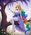 5_fingers anthro biped blonde_hair blue_eyes branch breasts cleavage clothed clothing cloud day detailed_background dress eyebrows eyelashes female fingers flower fur grass hair holding_flower holding_object hooves horn long_hair multicolored_hair multicolored_tail mythological_equine outside plant purple_clothing rainbow rainbow_hair rainbow_tail sitting sky solo tail tree unicorn_horn white_body white_fur aphid butterwolf equid equine mammal mythological_creature unicorn digital_media_(artwork) hi_res shaded