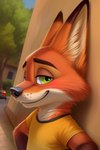 angry_puppy anthro canid canine clothing disney fox green_eyes leaning leaning_back leaning_on_wall looking_at_viewer male mammal narrowed_eyes nick_wilde shirt side_view slight_blush smile smiling_at_viewer solo t-shirt topwear young_adult zootopia