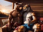 anthro beach_tiger blue_eyes bodily_fluids bottomwear brown_body brown_fur brown_hair bulge cabin clothing cottage cum cum_drip cum_in_mouth cum_inside cum_on_body cum_on_chest cum_on_face cum_on_penis cum_on_self cum_on_tongue cumshot cumshot_in_mouth dripping duo ejaculation embrace felid forest fur genital_fluids genitals hair hand_behind_head handjob hi_res log_cabin_bear logically male male/male mammal masturbation orange_body orange_fur pantherine penile penis plant romantic romantic_couple sex shorts sunset tender tiger tongue tree ursid white_body white_fur white_hair