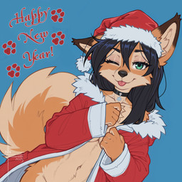 5_fingers accessory anthro black_hair black_nose blep blue_background breasts chest_tuft christmas_clothing christmas_headwear claws clothed clothing collar countershading dutch_angle facial_tuft female fingers fluffy fluffy_tail front_view fur fur_coat glistening glistening_lips green_eyes hair hat headgear headwear huge_tail lidded_eyes linea_alba lips looking_at_viewer natural_breasts navel nipples no_underwear nude one_ear_up one_eye_closed open_mouth orange_body orange_fur pose red_clothing santa_hat sassy simple_background snowflake solo standing tail tongue tongue_out tuft unbuttoned white_body white_countershading numeradin anya_(numeradin) canid canine fox mammal hi_res portrait three-quarter_portrait