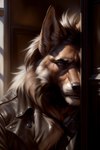 absurd_res against_surface against_wall anthro bodily_fluids canid canine canineluvr19 canis chin_tuft clothing coyote facial_tuft fur hi_res inside jacket male mammal mane sad solo tan_body tan_fur tears topwear whisker_spots