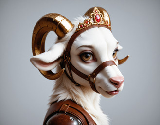 bridle brown_eyes clothing crown female fur horn leather leather_clothing looking_at_viewer simple_background solo tiara white_body white_fur nnam_si3 bovid caprine goat mammal hi_res