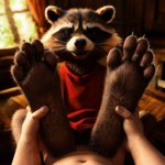 5_toes anthro duo feet first_person_view foot_grab hands_on_feet human human_pov long_feet looking_at_viewer male mammal pawpads paws procyonid raccoon rocket_raccoon sombreru toes