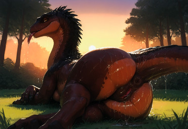 animal_genitalia black_pupils brown_body brown_scales female feral forest genital_slit genitals grey_body grey_scales looking_at_viewer plant pupils pussy scales slit solo tail tree wet wet_body yellow_sclera mare_fan_ultimate dinosaur dromaeosaurid reptile scalie theropod velociraptor hi_res