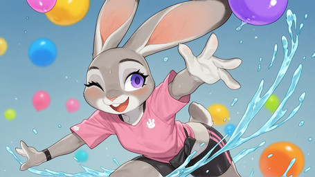 4_fingers anthro blush blush_lines bodily_fluids buckteeth female fingers one_eye_closed open_mouth purple_eyes smile solo splash sweat teeth throwing_object water_balloon wink puffy_peter disney zootopia judy_hopps lagomorph leporid mammal rabbit hi_res