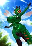 anthro big_breasts breasts completely_nude curvy_figure cute_fangs deep_navel eyelashes fangs female flying genitals glistening glistening_body green_body green_nipples huge_breasts insect_wings navel nipples nude nude_female oiled oiled_body palm_tree plant pokemon pussy raised_arm sky smile smiling_at_viewer solo thick_thighs tree voluptuous voluptuous_female wide_hips wings javvy generation_4_pokemon pokemon_(species) yanmega hi_res