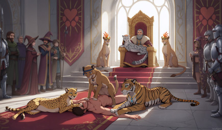 accessory anklet armor backlighting beard bestiality brown_hair clenched_teeth clothing detailed_background dominant dominant_female duo_focus ear_piercing ear_ring elderly_male exhibitionism eyes_closed facial_hair fantasy female female_feral female_human female_on_top feral feral_penetrated fool's_hat gangbang genitals grey_beard group group_sex hair halberd hat headband headgear headwear helmet human_on_feral human_penetrating human_penetrating_feral humping interspecies jester jewelry king knight light looking_pleasured lying male male/female male_human male_on_feral medieval melee_weapon motion_lines necklace nude on_back on_ground on_side on_top paw_on_head penetration penile penile_penetration penis penis_in_pussy petting piercing pinned_to_ground polearm pussy quadruped rim_light ring_piercing robe royalty sex sitting spear straddling teeth throne_room vaginal vaginal_penetration voyeurism warrior weapon whiskers window_light witch_hat terraraptor world_of_midria cheetah cougar felid feline human lion mammal pantherine snow_leopard tiger director_name hi_res lighting