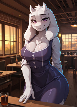 anthro breasts chest_tuft cleavage clothed clothing collarbone female floppy_ears fluffy_ears fur horn inside looking_at_viewer mature_anthro mature_female purple_clothing purple_eyes restaurant smile solo standing tuft white_body white_fur liwih undertale_(series) toriel boss_monster bovid caprine goat mammal monster hi_res