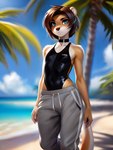 anthro beach beach_background blue_eyes blurred_background bottomwear brown_body brown_fur brown_hair choker clothed clothing cloud collar female flat_chested fur hair hi_res jewelry lutrine mammal mustelid necklace one-piece_swimsuit palm_tree pants plant seaside sky snowshoes solo standing sweatpants swimwear tree yiffymix_(model)