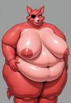 5_fingers anthro belly big_belly big_breasts black_claws black_nose breasts claws deep_navel eye_patch eyebrows eyewear female fingers fur green_eyes grey_background navel nipples obese obese_anthro obese_female overweight overweight_anthro overweight_female red_body red_fur red_nipples sharp_teeth simple_background solo standing tail teeth cow_of_fire five_nights_at_freddy's foxy_(fnaf) canid canine fox mammal hi_res