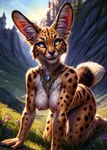 anthro areola breasts cattorihanzo detailed detailed_fur felid feline female hi_res jewelry kneeling looking_at_viewer mammal necklace nipples nude outdoors outside seductive serval smile solo spots spotted_body stable_diffusion