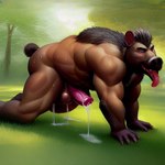 anthro balls blush bodily_fluids brown_body brown_fur cum cum_pool fur genital_fluids genitals male mammal musclegut muscular outside penis solo suid suina sus_(pig) sweat tesseract_(director) tongue tongue_out wild_boar