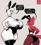 angry anthro beak big_breasts big_butt breasts bulge bunny_costume butt clothed clothing costume dialogue duo ear_piercing ear_ring eyewear female glasses happy huge_breasts larger_female legwear male mature_female nipple_slip open_mouth piercing red_body ring_piercing simple_background size_difference smaller_male thick_thighs thigh_highs white_body av-10 avio_(avioylin) mommy_alpaca alpaca avian camelid mammal hi_res