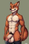 abs absurd_res anthro balls biceps big_balls big_penis black_eyebrows bodily_fluids bottomwear brown_nose canid canine chest_tuft clothing cum cum_on_penis disney eyebrows fingers fox fur genital_fluids genitals green_eyes hi_res humanoid_genitalia humanoid_penis laddarman101 male mammal multicolored_body multicolored_fur muscular muscular_anthro muscular_male navel neck_tuft nick_wilde nipples nose open_mouth orange_body orange_fur pants pecs penis pubes simple_background smile solo standing tan_balls tan_body tan_fur thick_penis tuft two_tone_body two_tone_fur zootopia