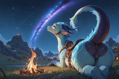 animal_genitalia animal_pussy anus campfire equine_pussy female feral galaxy genitals looking_up meadow mountains mythology purple_eyes pussy saddle sky smile solo tail_up darkeclipse dragon mythological_creature mythological_scalie scalie hi_res
