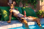 african_wild_dog animal_genitalia animal_penis anthro balls canid canine canine_genitalia canine_penis erection genitals jadenawd knot legs_in_water male mammal nipples penis pillow plant sheath sitting solo swimming_pool