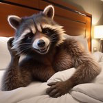 anthro bed bedroom black_nose brown_body brown_eyes brown_fur fur furniture light lying lying_on_bed male nude on_bed smile smiling_at_viewer solo under_covers rocket_raccoon mammal procyonid raccoon