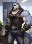 anthro canid canine canis distlye ear_piercing freddy_(dislyte) fur hi_res leo_ai_art male mammal muscular muscular_anthro muscular_male piercing scar solo stable_diffusion wolf