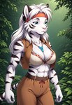 abs anthro blue_eyes bottomwear bra bracelet clothing female forest fur hair hesta_(katmandu) jewelry katmandu light long_hair muscular muscular_female native_american outside pants pinup plant pose sash solo stripes sunlight tail topwear tree underwear vest white_body white_fur technical_monkey felid feline mammal pantherine tiger hi_res