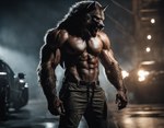 abs anthro belt biceps bottomwear bottomwear_only bunny_brewster butt car clothing industrial_setting male muscular muscular_male navel night pants pecs solo street street_lamp vehicle canid canine canis mammal were werecanid werecanine werewolf wolf