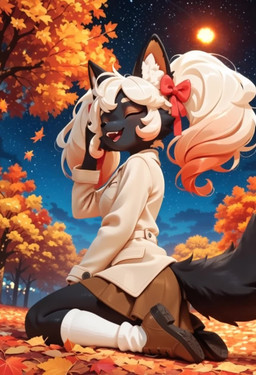 anthro autumn blonde_hair boots bottomwear clothing coat female fireworks footwear hair kneeling kneeling_on_ground low-angle_view skirt socks solo tail topwear twintails_(hairstyle) neural_bunny canid canine fox mammal animated hi_res short_playtime webm