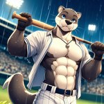 anthro baseball_bat bat_(object) clothed clothing jewelry light male muscular necklace open_clothing open_shirt open_topwear raining shirt solo stadium topwear uniform water zidanes123 lutrine mammal mustelid