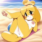 animal_crossing anthro beach blonde_hair blue_eyes blush breasts butt canid canine canis countershade_torso countershading domestic_dog female fur genitals hair hi_res isabelle_(animal_crossing) legs_up lying mammal medium_breasts nipples on_back pawpads paws pussy reclining sea seaside shih_tzu shoreline sklimaa smile solo toy_dog water yellow_body yellow_fur