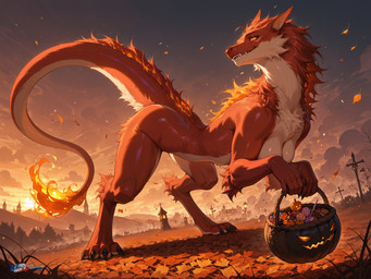 anthro autumn_leaves breasts candy claws dessert fangs female fire flaming_hair flaming_mane fog food fur hair halloween_bucket leaf looking_at_viewer mane mane_hair mythology orange_eyes park pseudo_hair pseudo_mane smile solo sunset tail teeth tuft twilight village chrisphoenix halloween_2025 canid canine dragon furred_dragon mammal mythological_creature mythological_scalie scalie absurd_res hi_res