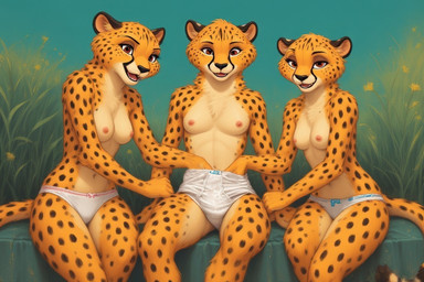 anthro areola bedroom_eyes bottomwear breasts briefs clothed clothing female female/female flower from_front_position fur genitals grass group group_sex handjob looking_at_viewer looking_pleasured narrowed_eyes nipples nude open_mouth outdoor_nudity outside outside_sex panties penile plant presenting seductive sex sitting smile spots spotted_body spotted_fur spread_legs spreading teeth tongue topless trio tuft underwear underwear_only white_body white_fur yellow_body yellow_fur extravirginweaseloil cheetah felid feline felis jaguar mammal pantherine