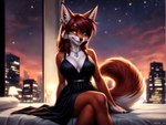 anthro bed canid canine clothed clothing dress female fox fur furniture green_eyes hair hi_res jewelry looking_at_viewer mammal mercrantos necklace on_bed red_body red_fur red_hair smile solo