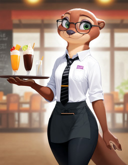 4_fingers apron beverage blurred_background blush bottomwear breasts brown_body brown_fur cafe chair claws clothed clothing container countershading cup detailed_background eyelashes eyewear female fingers food fruit fully_clothed fur furniture glass glasses green_eyes holding_object inside light looking_at_viewer multicolored_body multicolored_fur name_tag necktie pants plant plate restaurant shirt smile solo standing table tan_body tan_fur topwear two_tone_body two_tone_fur uniform waiter white_clothing hank94_(director) disney zootopia sam_(zootopia+) mammal mustelid otter river_otter absurd_res hi_res lighting portrait shaded three-quarter_portrait