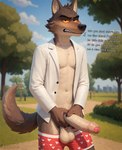 ai_assisted anthro balls big_penis blurred_background brown_body brown_fur canid canine canis clothed clothing dialogue erection foreskin fur genitals grass hand_on_penis hi_res holding_penis humanoid_genitalia humanoid_penis katarhain light looking_at_viewer male mammal mr._wolf_(the_bad_guys) multicolored_body navel nipples orange_eyes outdoors outside park partially_clothed penis plant public public_exposure shirt solo sunlight tan_body text topwear tree two_tone_body unbuttoned_shirt underwear underwear_down vein veiny_penis watermark wolf