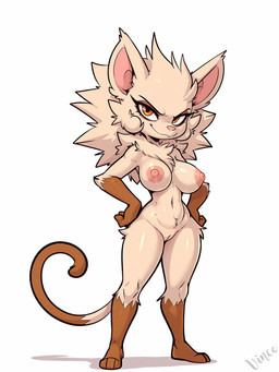 3_toes anthro areola big_hair breasts brown_body brown_fur curled_tail eyelashes feet female front_view fur genitals hair hands_on_hips messy_hair multicolored_body multicolored_fur navel neck_fluffy nipples nude orange_eyes pink_areola pink_nipples plantigrade pussy shadow short_stack simple_background smile smiling_at_viewer smug smug_face solo standing toes two_tone_body two_tone_fur white_background white_body white_fur white_hair vince_ai nintendo pokemon generation_1_pokemon haplorhine mammal mankey monkey pokemon_(species) primate hi_res signature