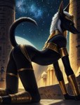 anthro anubian_jackal bulge canid canine canis clothed clothing collar flexing gold_(metal) gold_jewelry hair hi_res jackal jewelry long_hair male mammal seductive skimpy sky solo star tail_up underwear white_hair