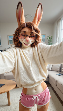 anthro bottomwear clothing dolphin_shorts eyes_closed female freckles grin light light_beam living_room looking_at_viewer morning nerd photorealism pink_bottomwear pink_clothing pink_shorts realistic round_frame_glasses shorts slim smile solo sweater topwear white_clothing white_sweater white_topwear thermalenjoyer willywizard lagomorph leporid mammal rabbit hi_res