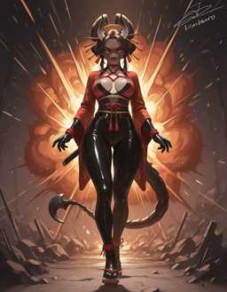 anthro asian_clothing breasts cleavage clothed clothing east_asian_clothing female fire footwear hair horn japanese_clothing kimono latex obi sandals smile solo weapon kirinokanro arachnid arthropod bovid bovine cattle demon hybrid mammal scorpion hi_res
