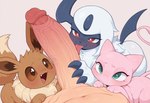 ambiguous_gender bestiality blue_eyes blush brown_body brown_fur feral first_person_view fur genitals group interspecies licking looking_at_viewer male male/ambiguous open_mouth oral penile penis penis_lick pink_body pokephilia red_eyes sex tongue tongue_out trio white_body white_fur twinkaton nintendo pokemon absol eevee eeveelution generation_1_pokemon generation_3_pokemon human legendary_pokemon mammal mew pokemon_(species)
