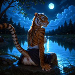 5_fingers animal_genitalia animal_pussy anus bottomwear breasts claws clothing ear_piercing feline_pussy fingers genitals inviting lake light looking_at_viewer moon moonlight night outside piercing pupils pussy raised_tail side_boob sitting skirt slit_pupils solo tail_anus water pleasedontlook felid mammal pantherine tiger hi_res