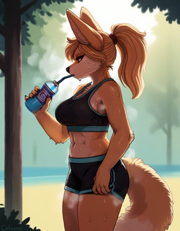 5_fingers abs accessory anthro athletic athletic_anthro athletic_female beverage big_breasts black_nose blonde_hair bodily_fluids bottle bottomwear bra breasts claws clothed clothing container drinking exercise female fingers fur gym_bottomwear gym_clothing gym_shorts hair hair_accessory hair_tie holding_object hotpants inner_ear_fluff long_hair looking_at_viewer midriff muscular musk musk_clouds musky_armpit navel outside plant ponytail shorts solo sports_bra standing steam sweat sweating_profusely sweaty_body sweaty_face sweaty_legs tail tan_body tan_fur tree tuft underwear water_bottle colossal_exhoost_fume canid canine fennec fox mammal hi_res shaded