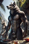 animal_genitalia anthro balls beach beverage canid canine canis chair duo food furniture genitals jewelry male male/male mammal necklace plant seaside sheath standing table tree wolf