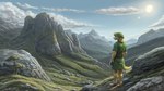 16:9 anthro barefoot belt canid canine canis clothing cloud detailed_background domestic_dog feet fur grass green_clothing hat headgear headwear hi_res landscape link magicalvaporeon male mammal mountains nintendo plant sky solo sun the_legend_of_zelda tree wallpaper widescreen yellow_body yellow_fur