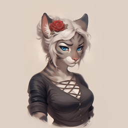 anthro blue_eyes breasts chromatic_aberration cleavage clothed clothing countershading dress_shirt ear_markings eyebrows eyelashes facial_markings female flower frown fur grey_body grey_fur hair hair_bun head_markings inner_ear_fluff leaf markings multicolored_body multicolored_fur pink_inner_ear pink_nose plant rolled_up_sleeves rose_(flower) shirt simple_background solo stripes topwear tuft two_tone_body two_tone_fur wavy_hair whiskers white_body white_countershading white_fur white_hair sappy domestic_cat felid feline felis mammal tabby_cat bust_portrait hi_res portrait shaded